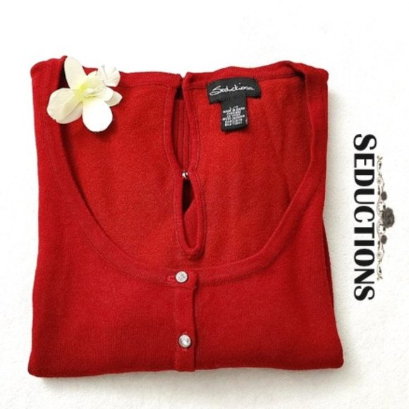Seductions Rayon Blend Stretchy Red Top Sweater Scoop Neck 3/4 Sleeve Button M-L - Picture 6 of 12